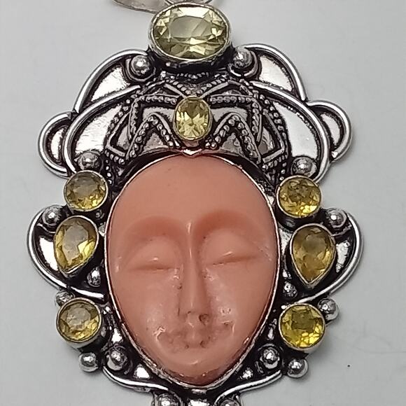 Sterling Silver Bali Goddess Pendant with Pink Carved Face and Citrine Gems - Picture 2 of 9